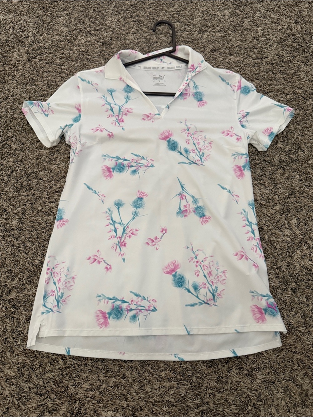 Puma Girls White Polo Shirt with Pink & Teal Floral Print